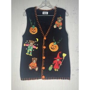 Vintage 1990s Basic Editions Halloween Bears & Pumpkin Autumn Embroidered Vest